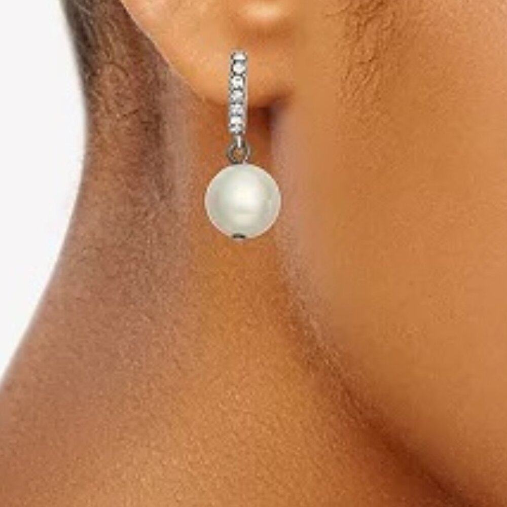 VERA WANG Mod/Contemporary Silver Clear Crystal White Pearl Drop Hoop Earrings - Picture 2 of 2